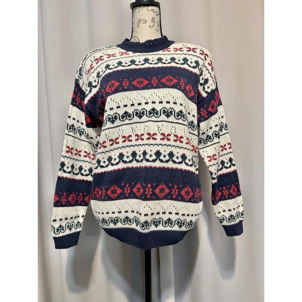 VINTAGE Women's Chic Fair Isle Sweater S Multicolor Print Holiday Granny Cottage